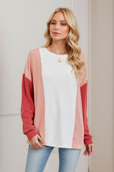 Double Take Texture Contrast Round Neck Long Sleeve T-Shirt White OutfitFlow
